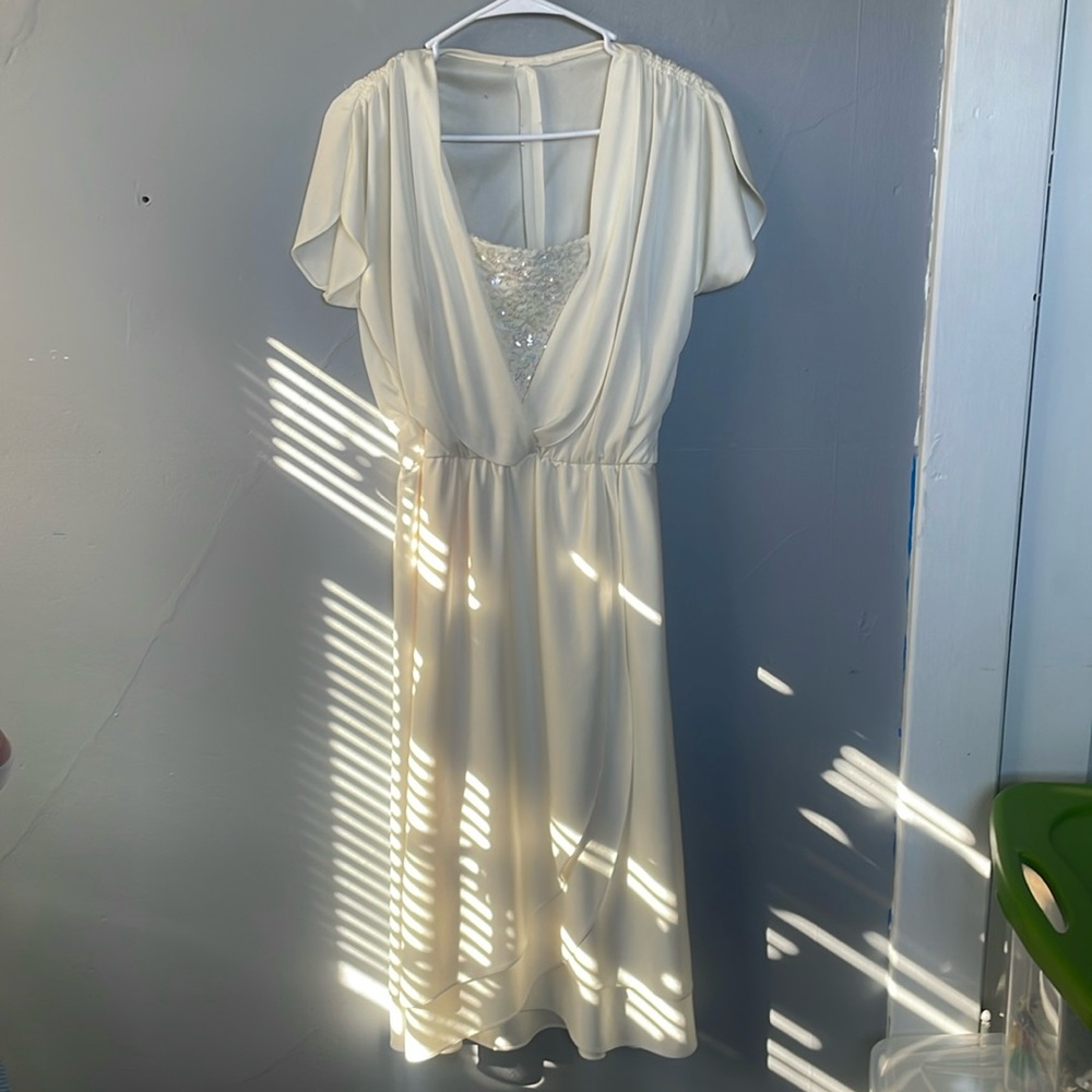 Vintage Ivory Sequin Shift Short Sleeve midi Dress glam gatsby